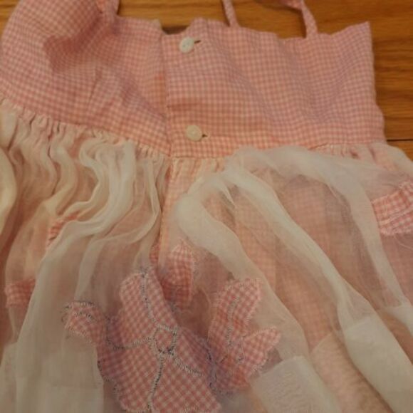 Vtg Handmade Baby/Toddler Dress - Pink Gingham & White Sheer w/ Appliques - Picture 7 of 11